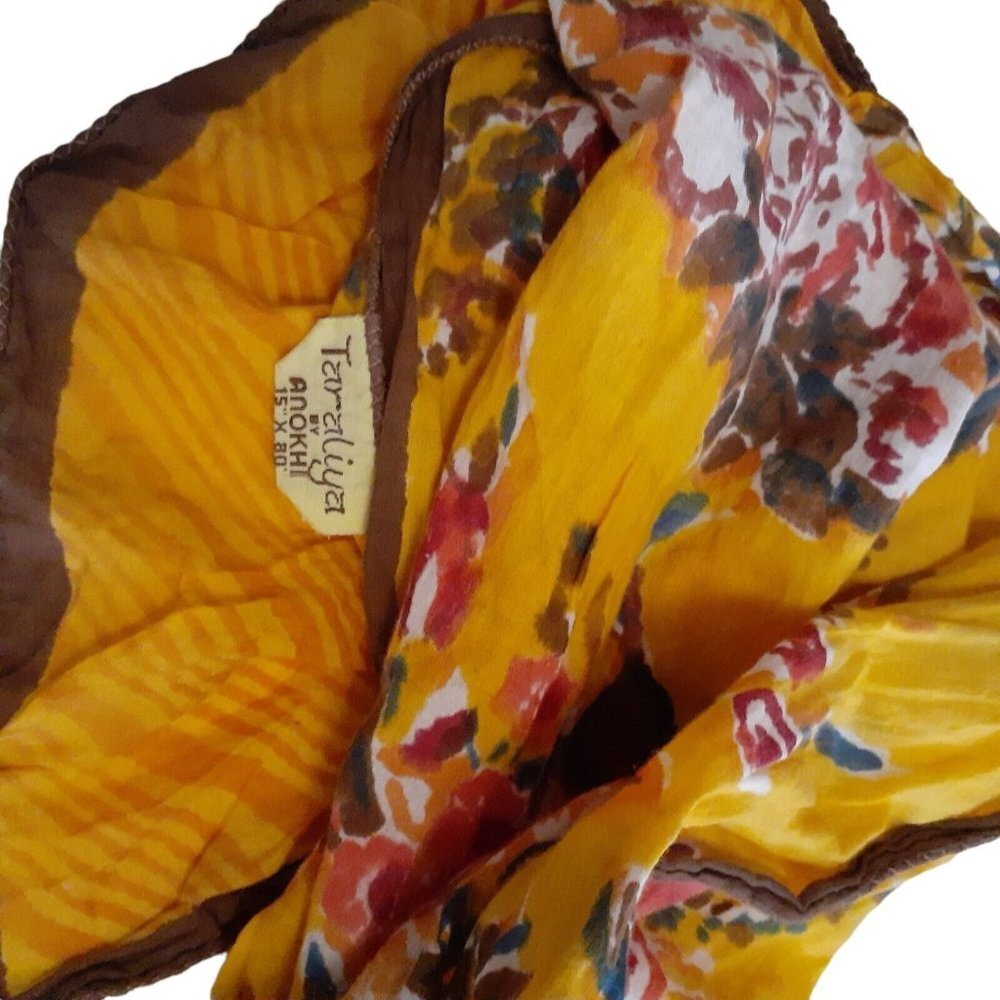 VTG Taraliya India Scarf Gold Pink Batik Roses Long Rectangular 76" x 14" - Picture 3 of 6